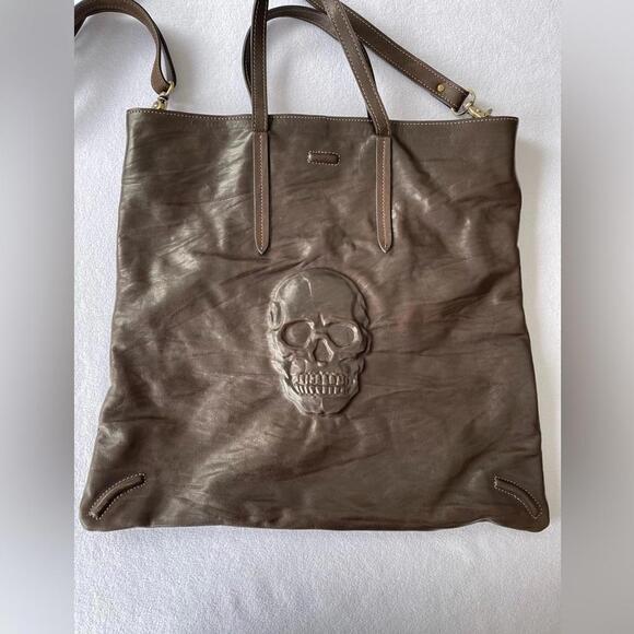 Handbags - IOPELLE Brown Leather Skull Embossed Tote Bag with shoulder strap